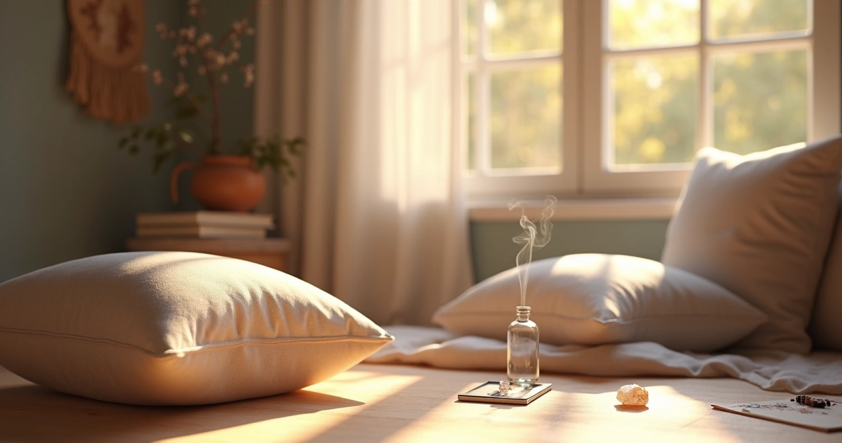 Espaço de meditação com almofadas, luz natural e elementos espirituais 