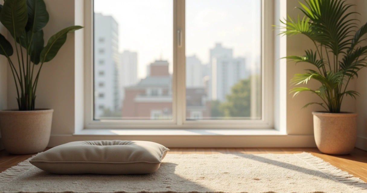 Espaço pequeno em apartamento com uma almofada de meditação ao lado de uma janela 