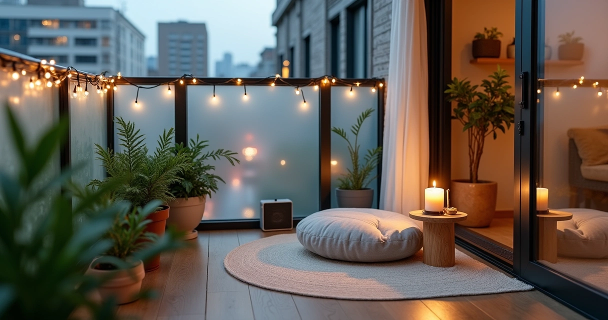 Cantinho de meditação com plantas, cortina leve e luminárias suaves em apartamento pequeno 