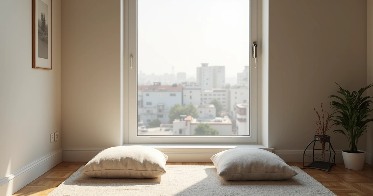 Canto simples de meditação perto da janela em apartamento