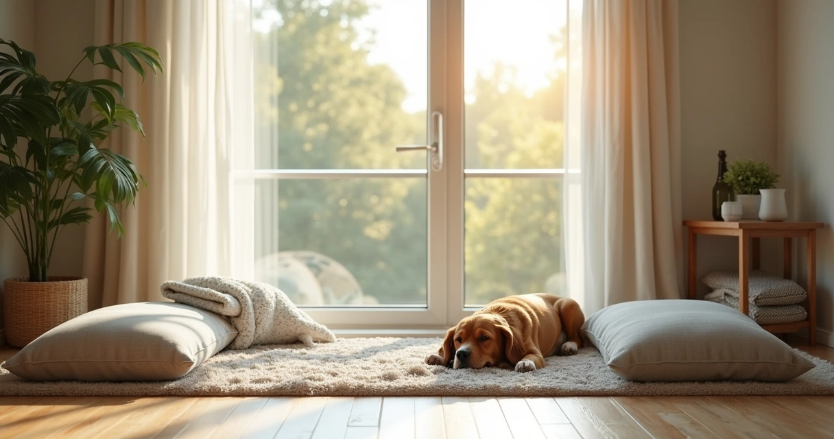 Cantinho de meditação com almofada e cama de pet ao lado 