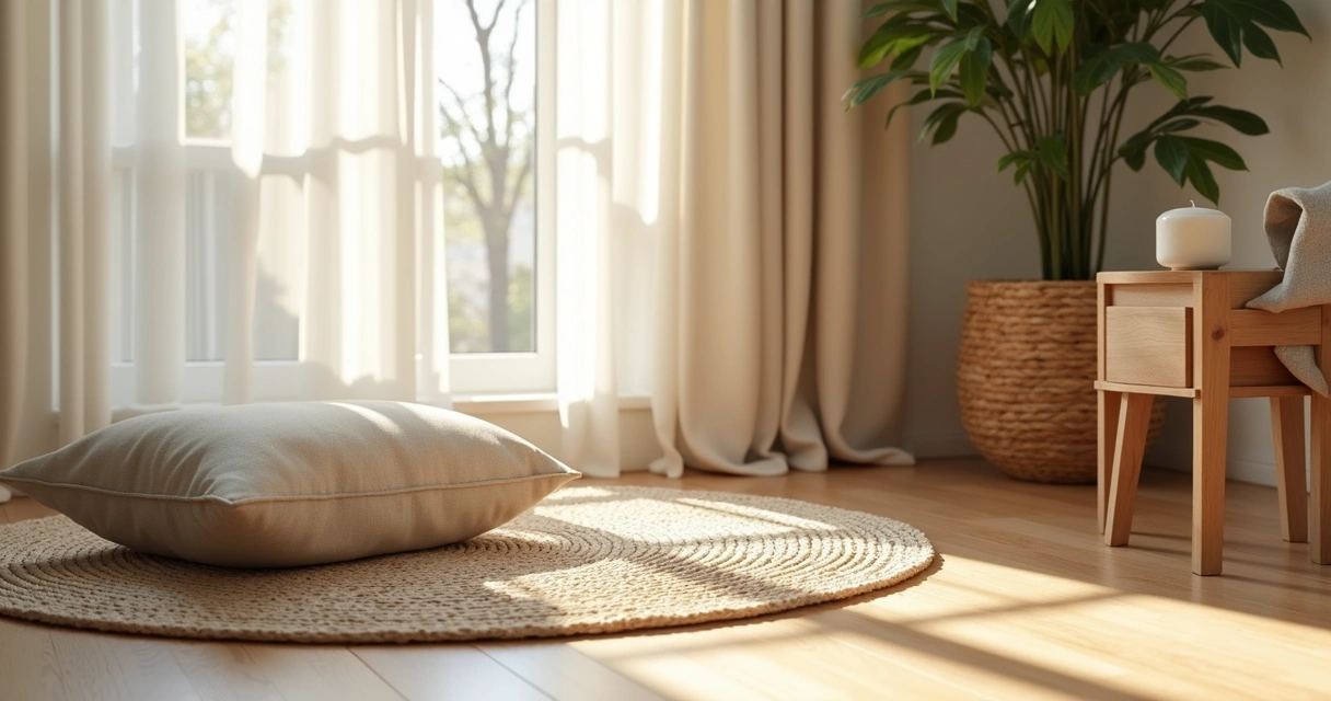 Canto de meditação com almofada, planta e luz natural na sala