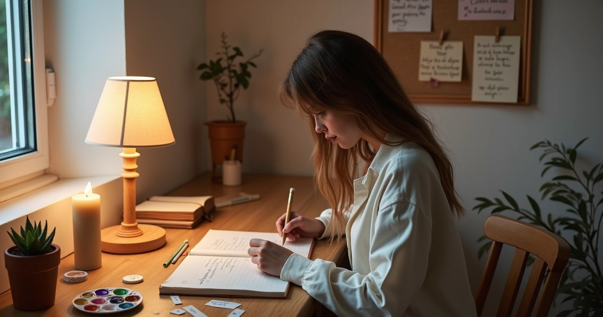 Mulher escrevendo oração em caderno aberto ao lado de materiais artísticos 