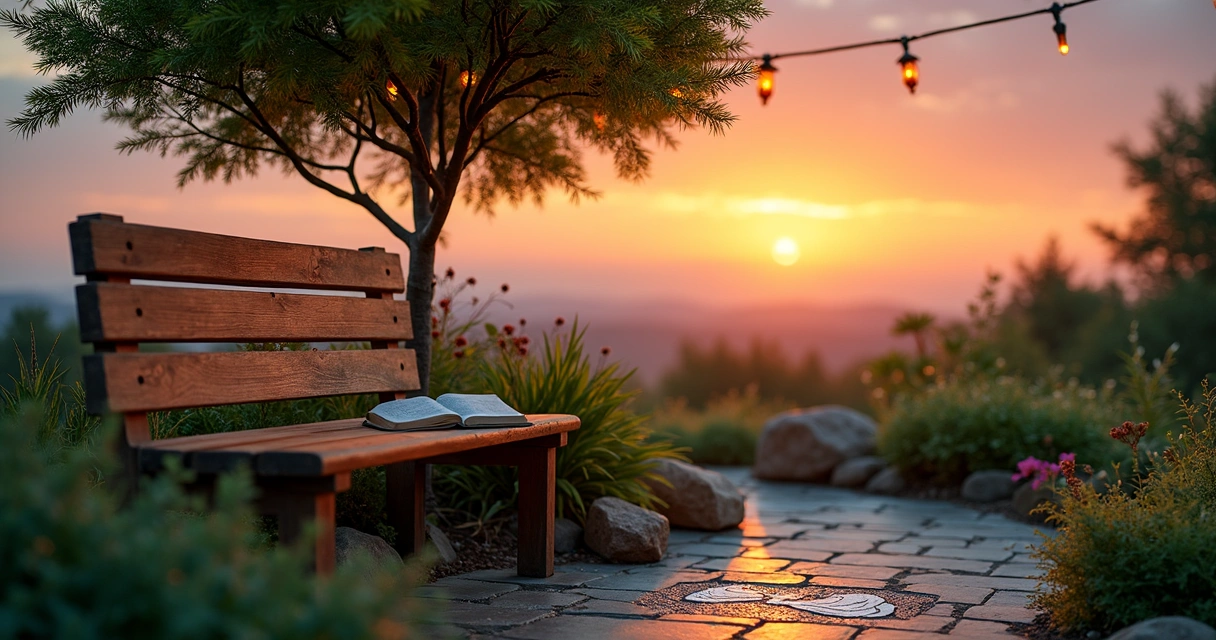 Cantinho de oração ao pôr do sol, com banco de madeira e plantas ao redor 