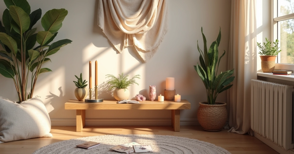 Espaço sagrado feminino com velas, plantas e objetos pessoais 
