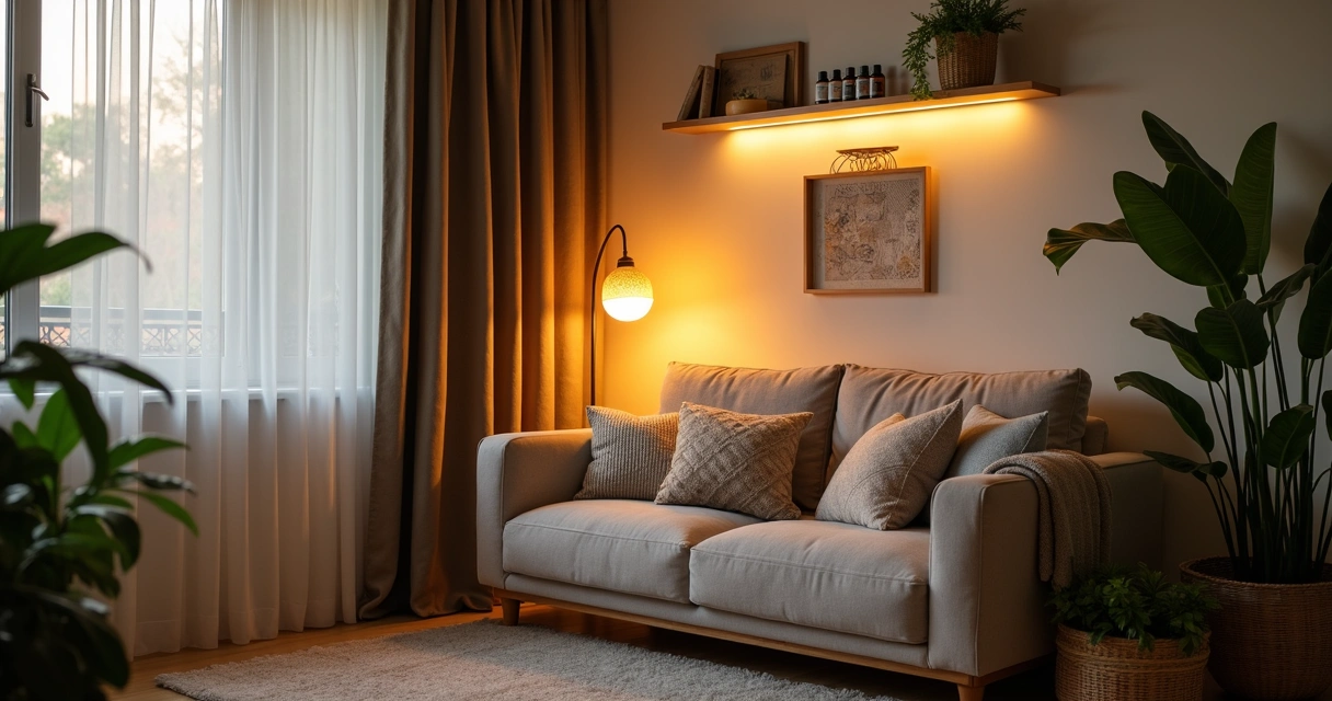 Cantinho sensorial com luz suave e almofadas confortáveis 
