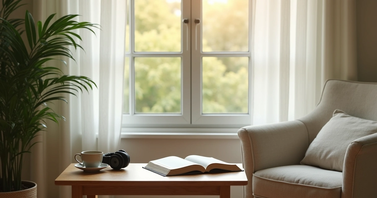 Espaço doméstico calmo com luz suave, planta, livro e fones sobre mesa 