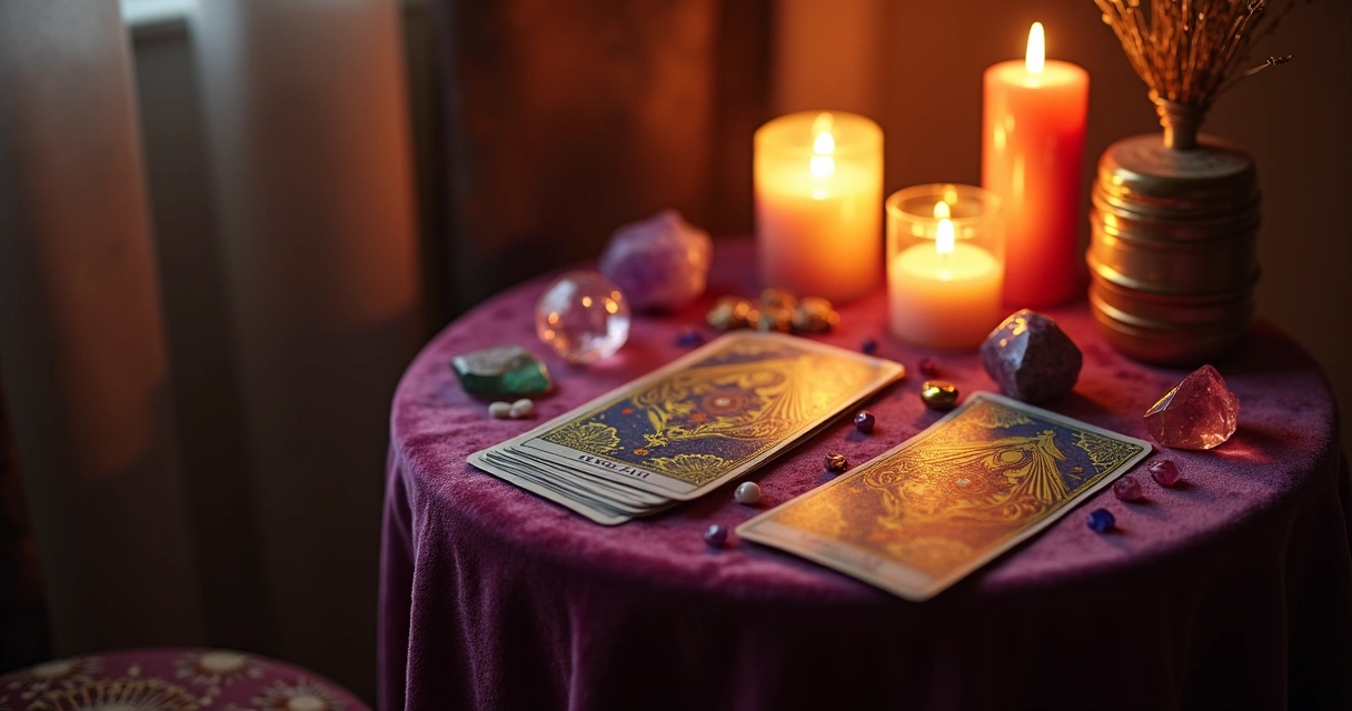 Espaço de tarot com velas e cristais 