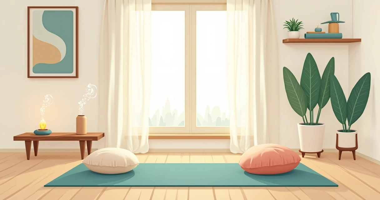 Espaço de yoga em casa com tapete, almofadas e plantas em ambiente iluminado e minimalista 