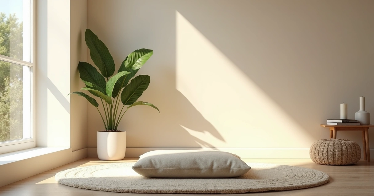 Canto calmo de meditação com almofada e planta