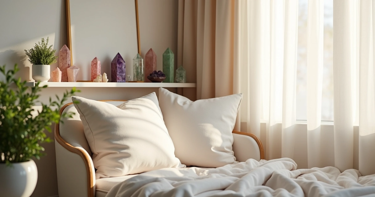 Canto do quarto com cristais, plantas e luz natural