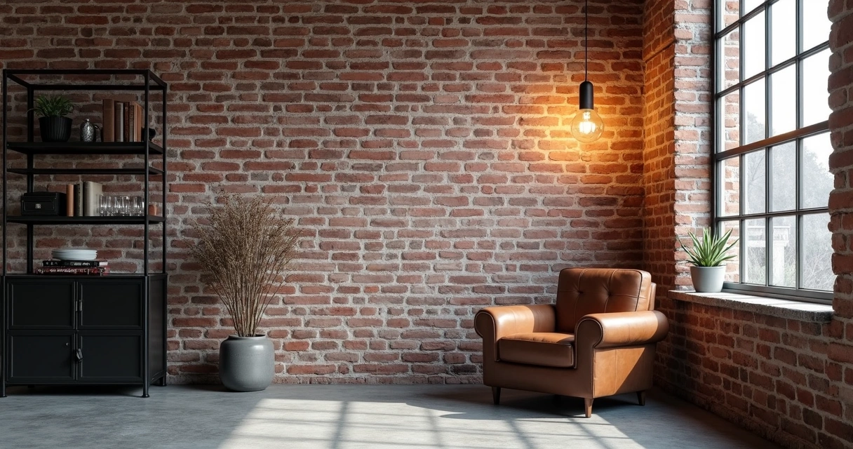 Canto de sala estilo industrial com parede de tijolo aparente, móveis de metal e luminária exposta 