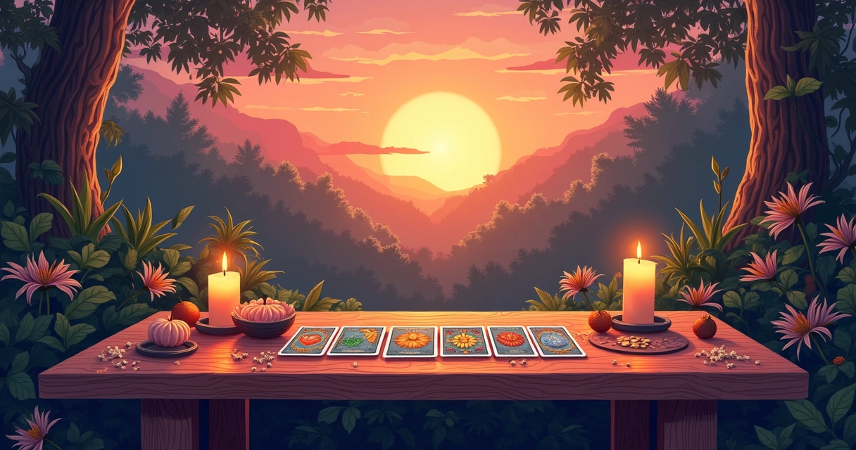 Espaço tranquilo para leitura de Tarot, com mesa de madeira, cartas, velas e cristais em ambiente de jardim ao entardecer.