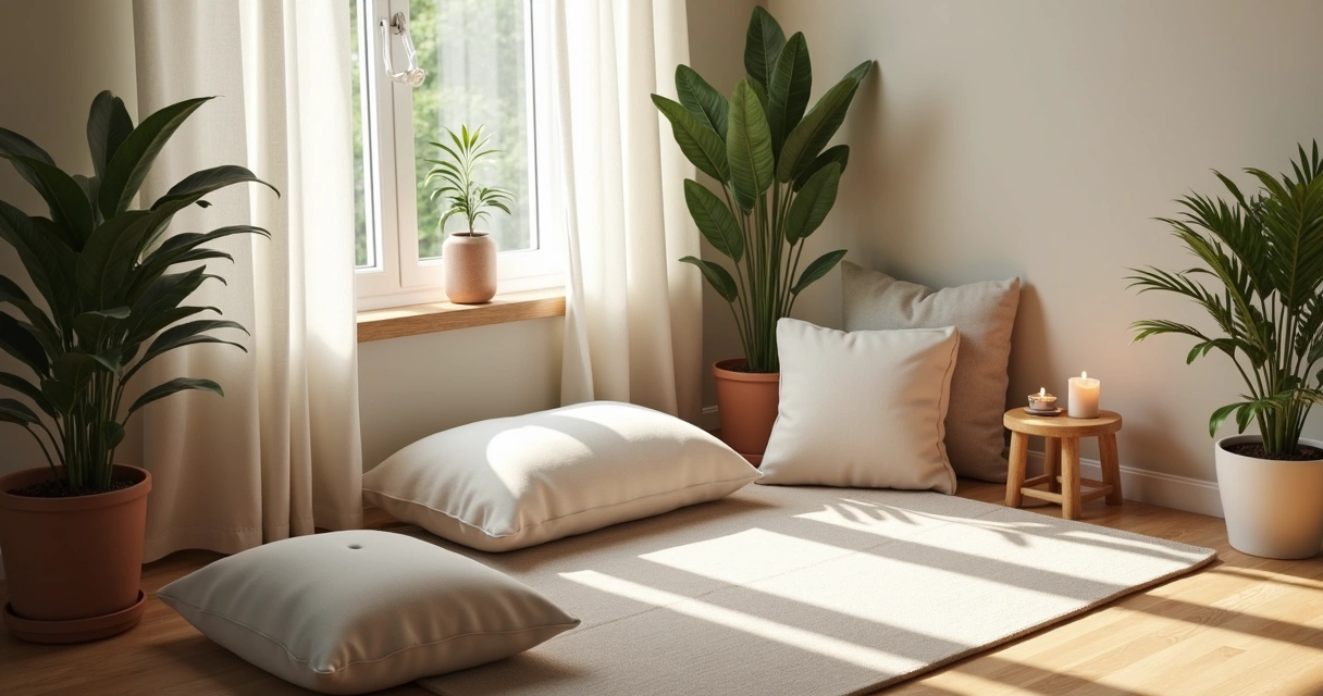 Canto para meditação em apartamento com almofadas e plantas 