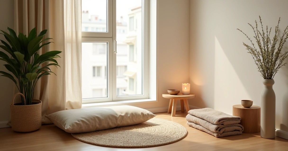Canto de meditação com almofada, manta e luz suave em apartamento pequeno 