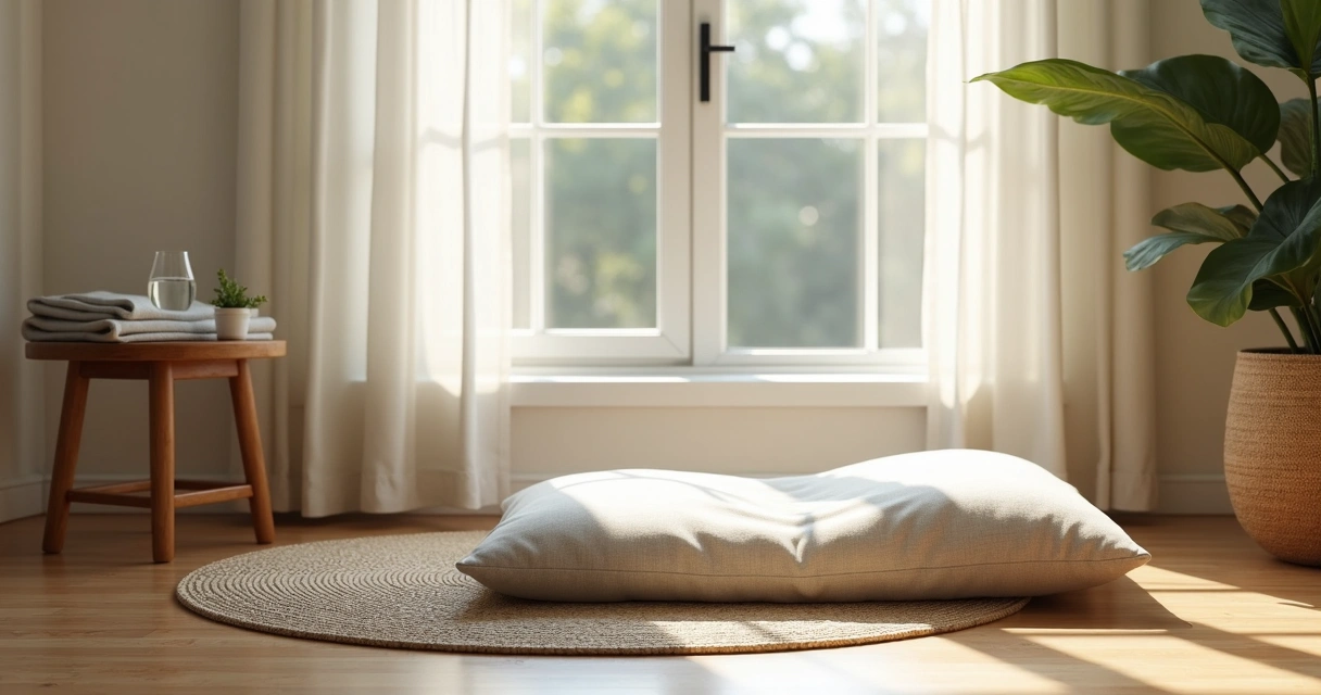 Canto simples de meditação com almofada e luz natural 