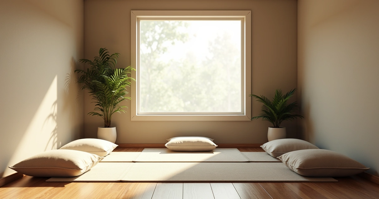 Ambiente tranquilo para meditar com almofadas no chão e luz suave vindo da janela. 