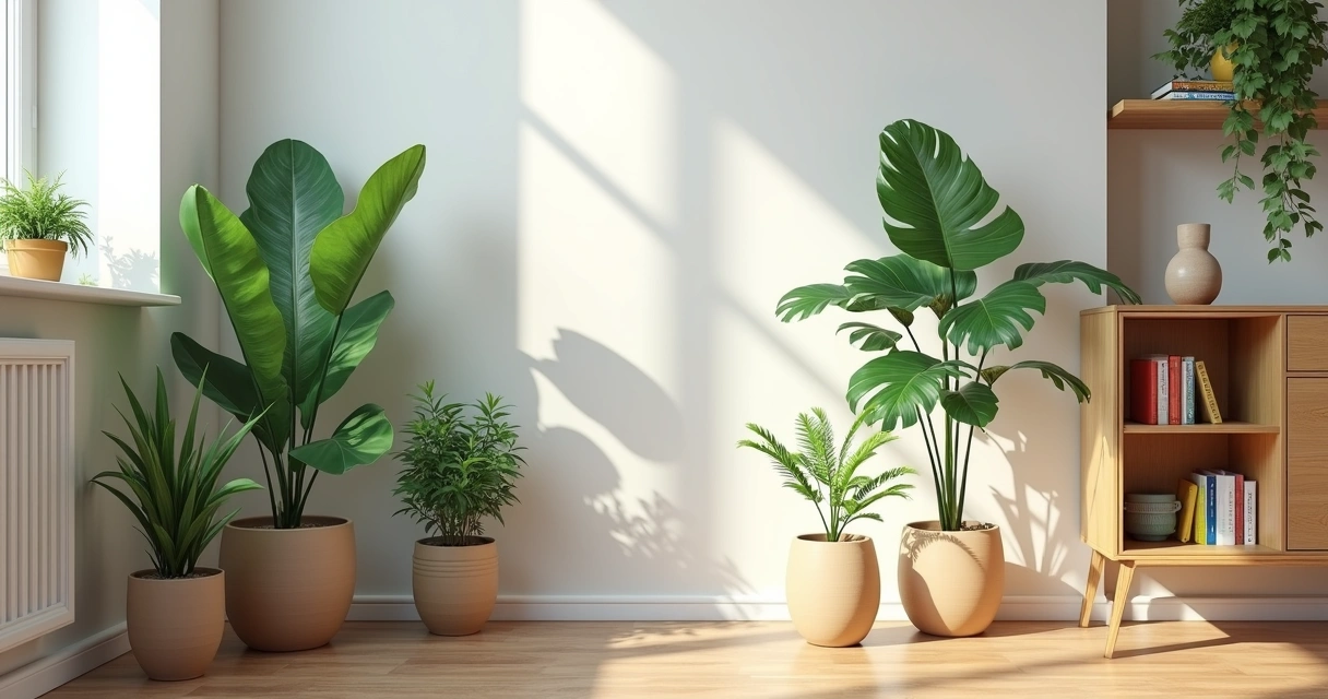 Plantas em um canto de apartamento pequeno, vaso de cerâmica no chão, parede branca e prateleira com livros. 