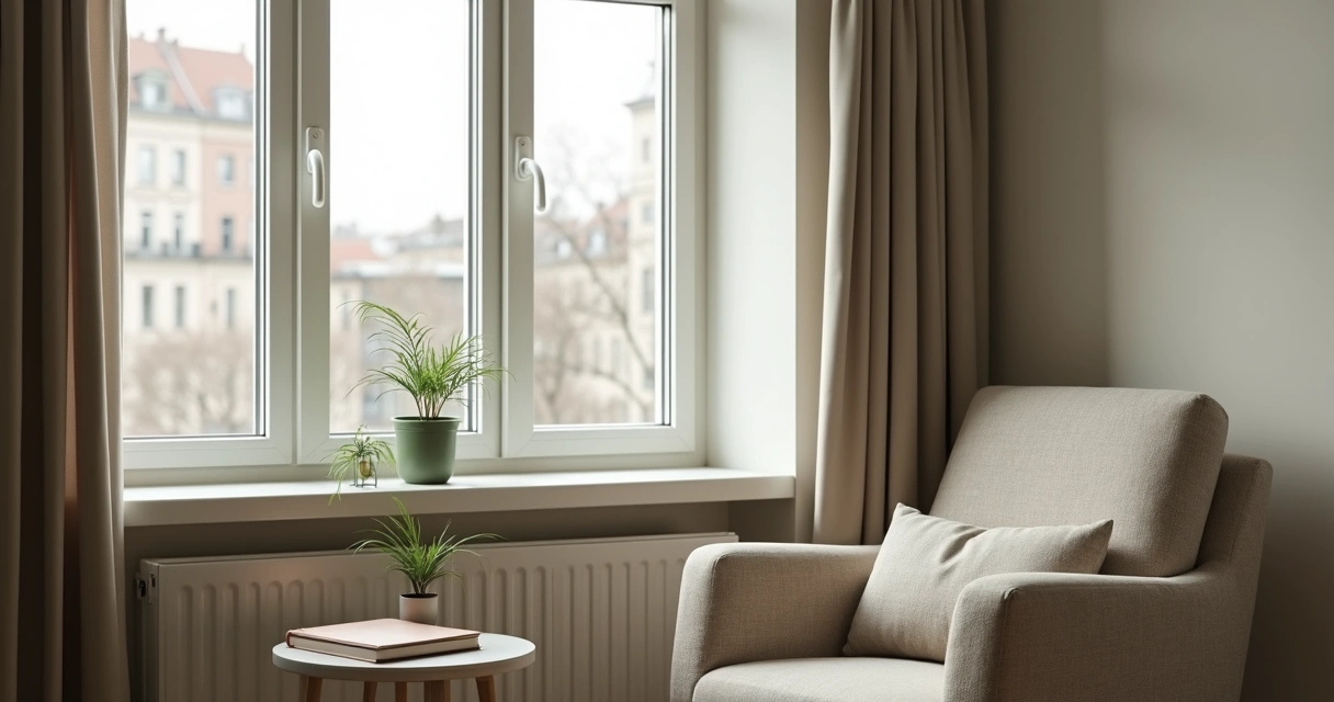 Canto de casa com cadeira, planta e luz natural suave 