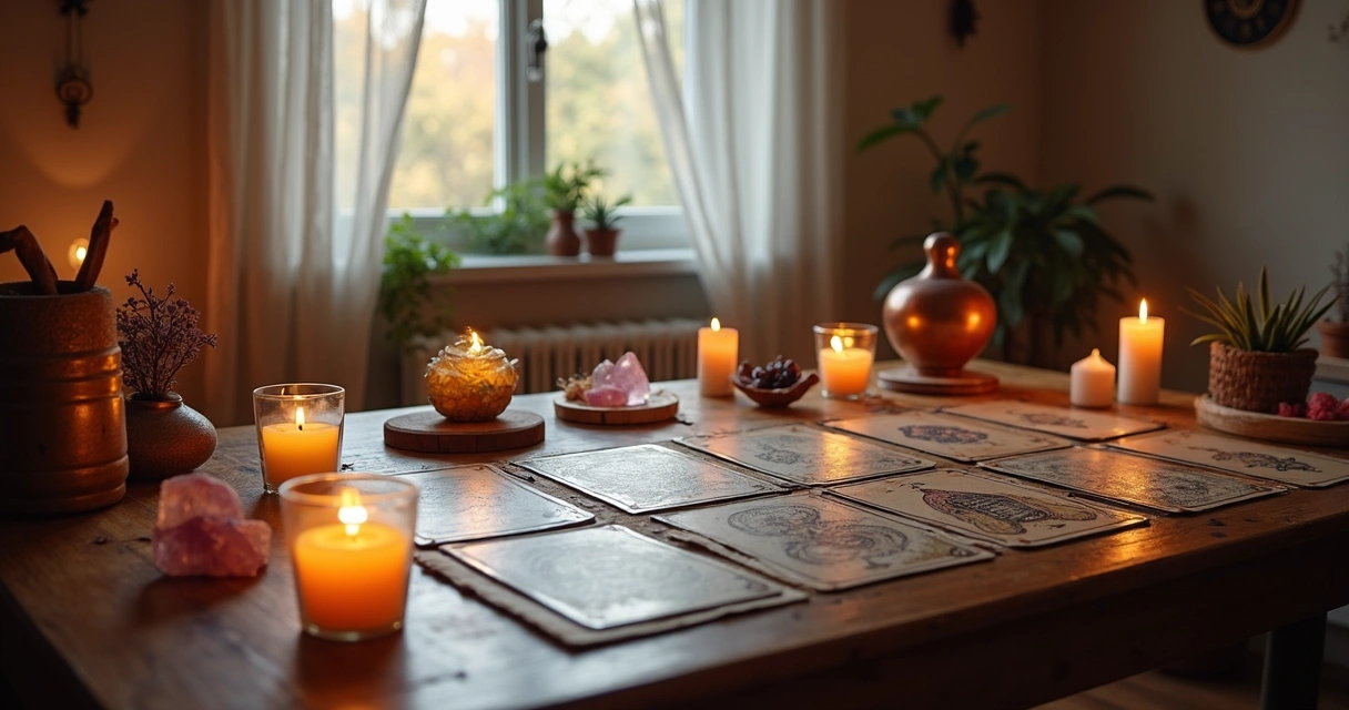 Canto de leitura de tarot decorado com velas, cristais e cartas sobre uma mesa de madeira 