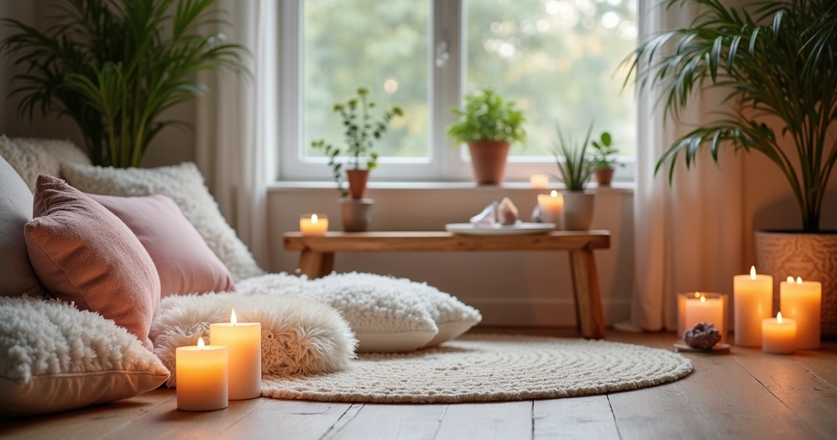 Ambiente zen com velas acesas, cristais e almofadas no chão 