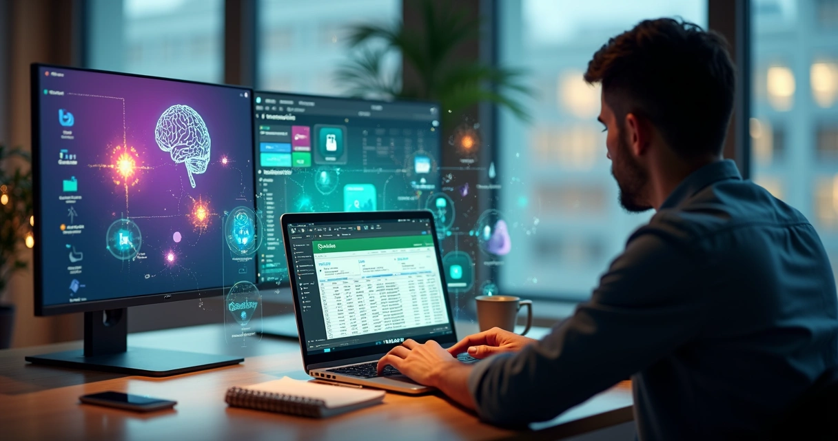 Empresário analisando laptop com ícones de IA, Canva e Excel em ambiente de escritório moderno 