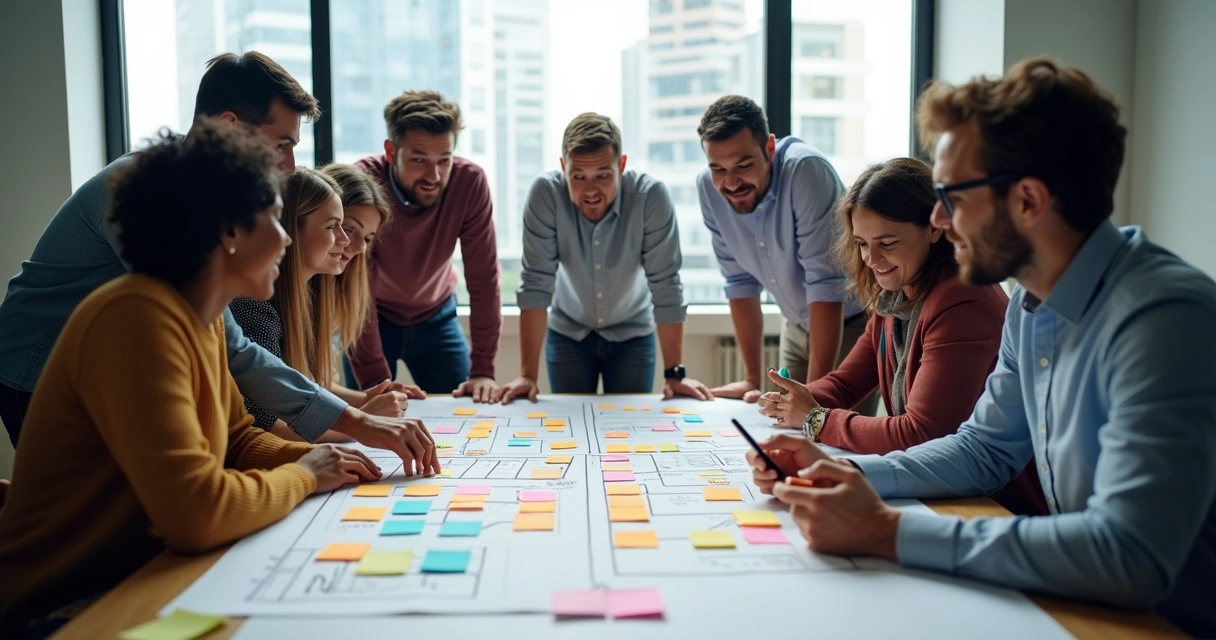 Equipe de vendas trabalhando com Sales Model Canvas em sala de reunião