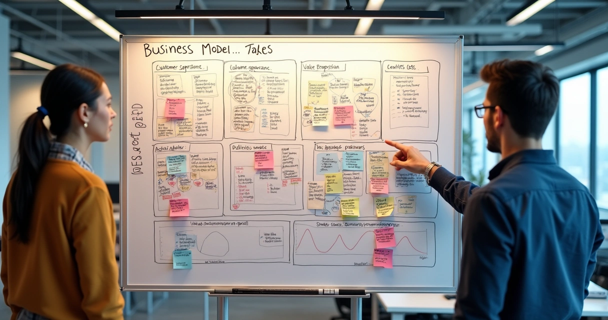 Quadro branco com desenho de Business Model Canvas preenchido à mão 