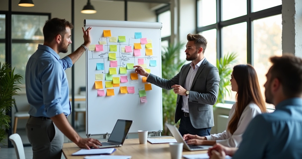 Equipe reunida em torno de quadro do business model canvas com post-its coloridos 