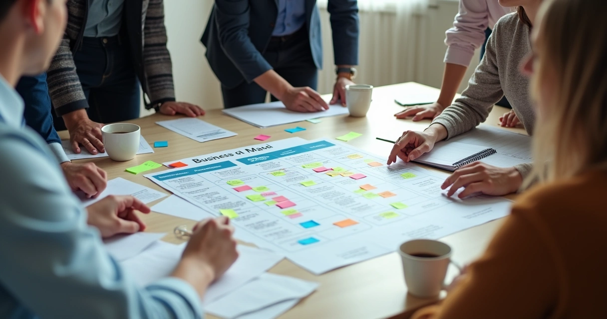 Time de empresários ao redor de mesa grande revisando o Canvas impresso, ambiente moderno, luz natural 