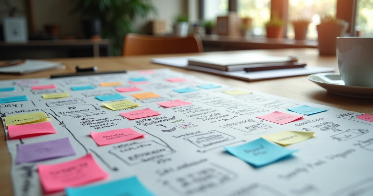 Quadro de modelo Canvas preenchido à mão com post-its coloridos, escritas visíveis e anotações realistas, vista em perspectiva 