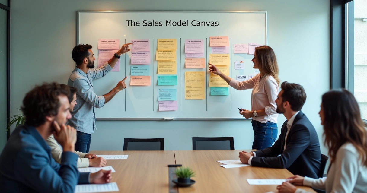 Quadro de vendas com post-its coloridos e equipe reunida ao redor da mesa 