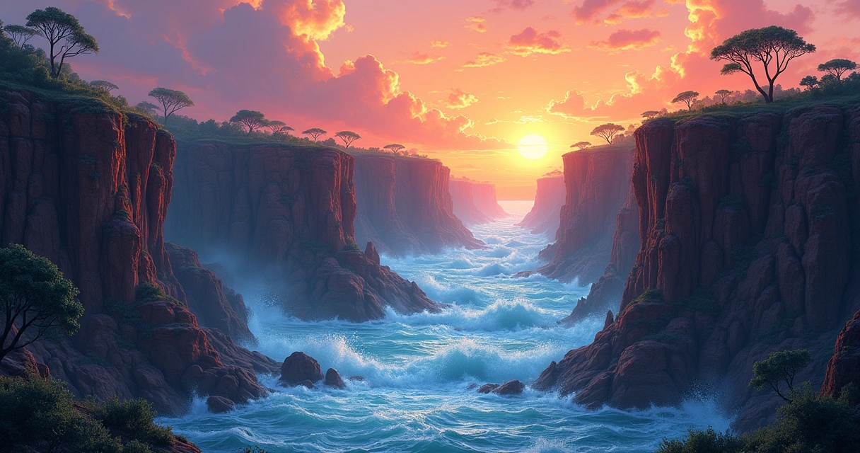 Canyon com camadas de rochas, fósseis do celófise e inundação simbolizando o Dilúvio Universal.