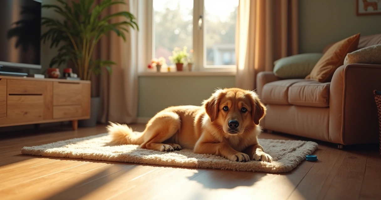 Cão deitado numa sala aconchegante junto a brinquedos e uma janela 