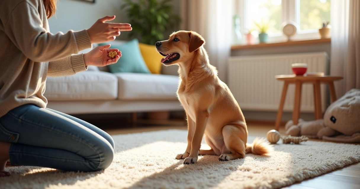 Tutor a ensinar comandos básicos a um cão num ambiente familiar 