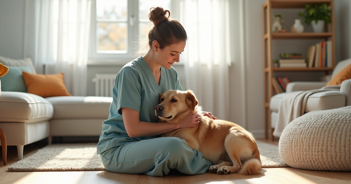 Cuidador senta-se no chão de uma sala em casa enquanto cão afetuoso encosta a cabeça no seu colo. 