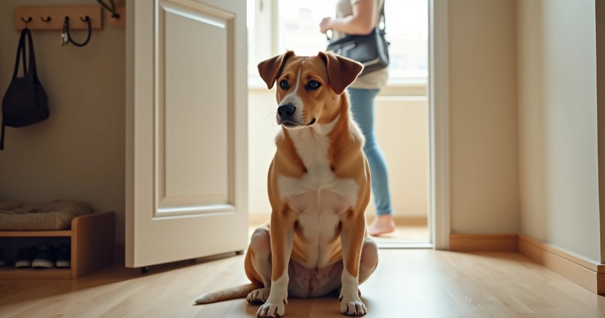 Cão ansioso à porta enquanto o dono sai de casa 