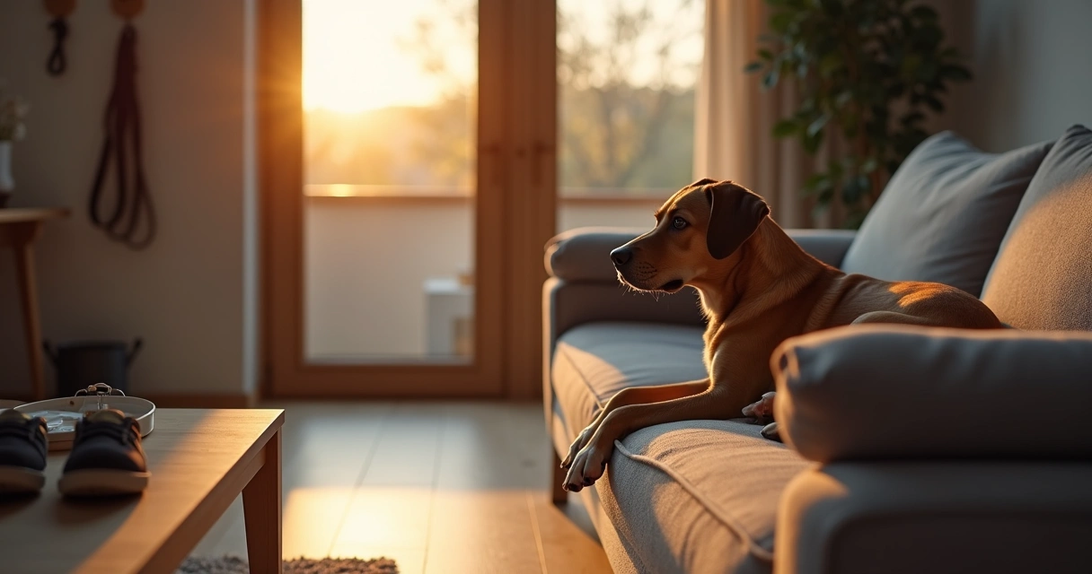 Cão sozinho em casa deitado num sofá ao entardecer com ar ansioso 