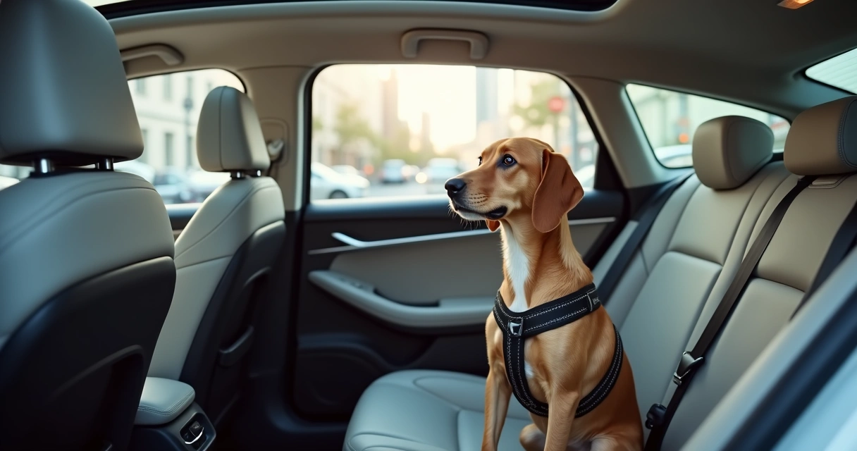 Cachorro sentado no banco traseiro de carro elétrico olhando pela janela. 