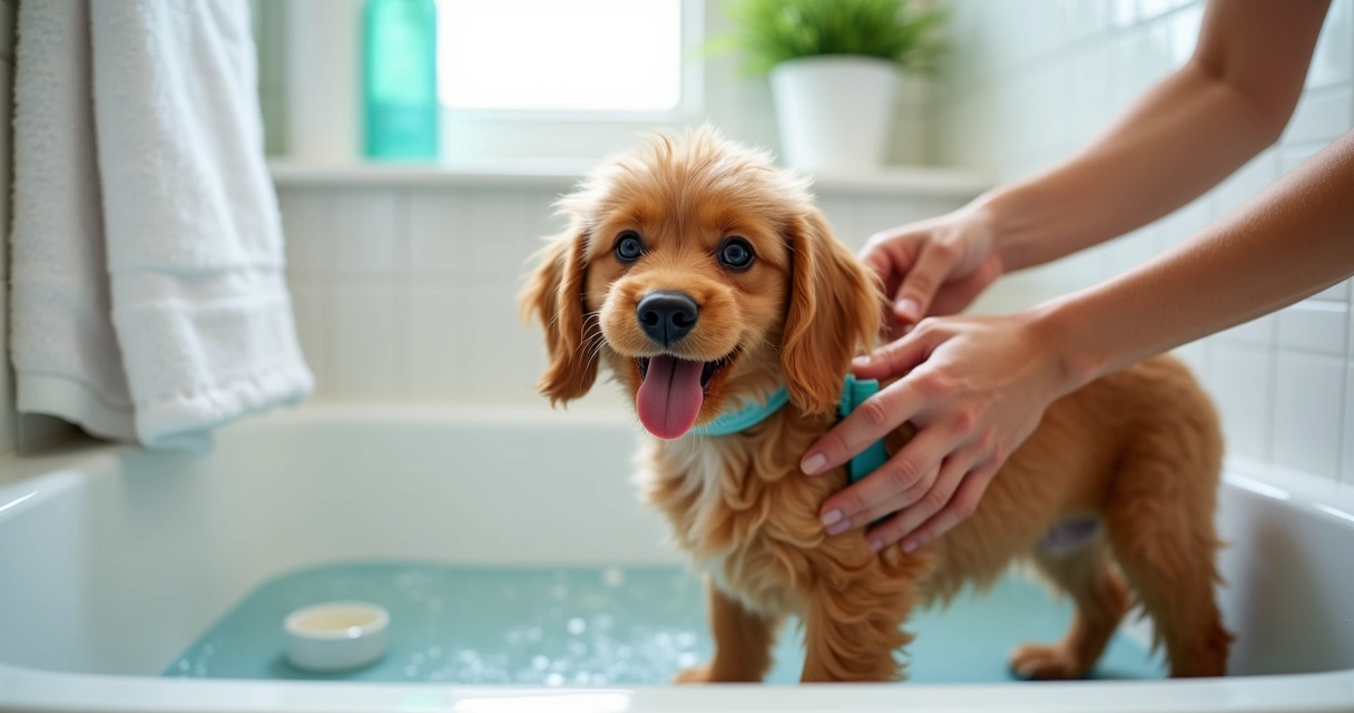 Cão castanho a ser escovado na casa de banho 