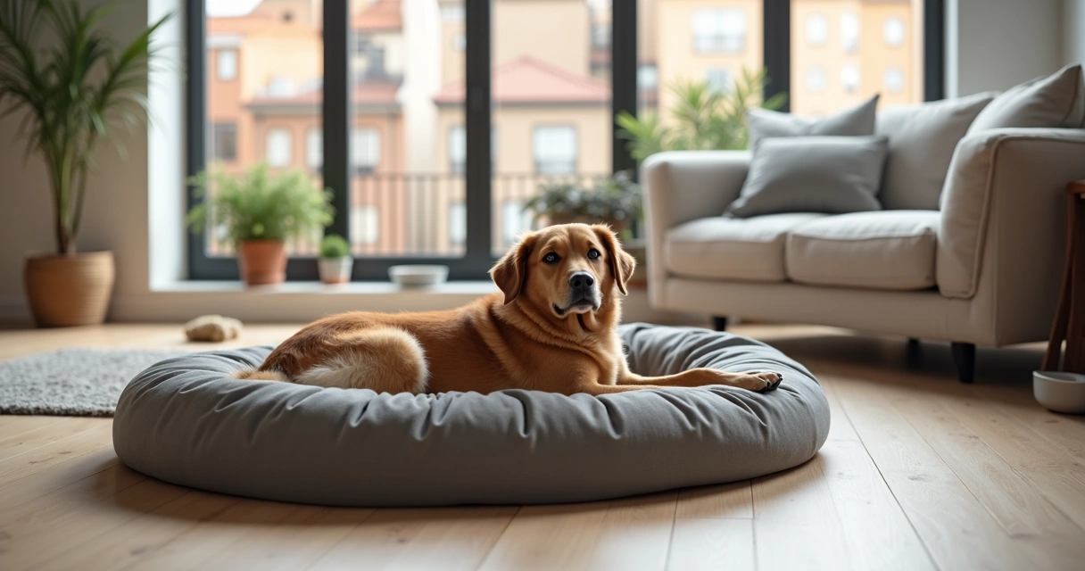 Cão relaxado numa sala de boarding familiar sem jaulas no Porto 