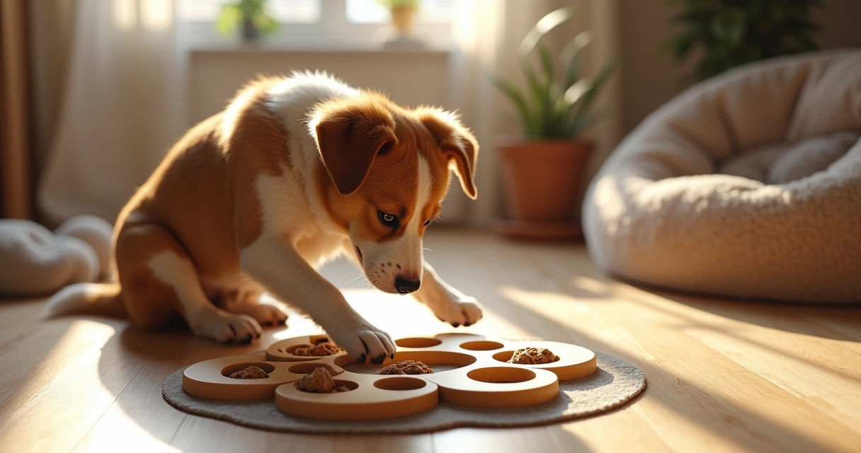 Cão castanho e branco brinca com puzzle alimentar numa sala acolhedora. 