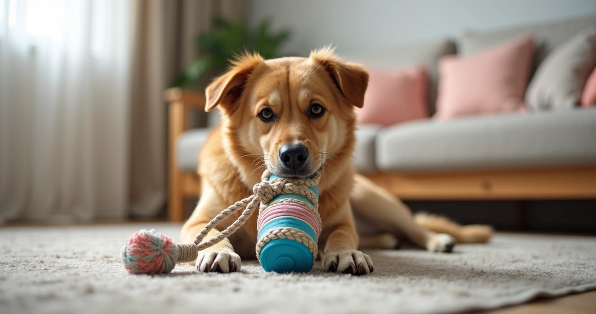 Cachorro brincando com brinquedo caseiro de garrafa pet e corda 