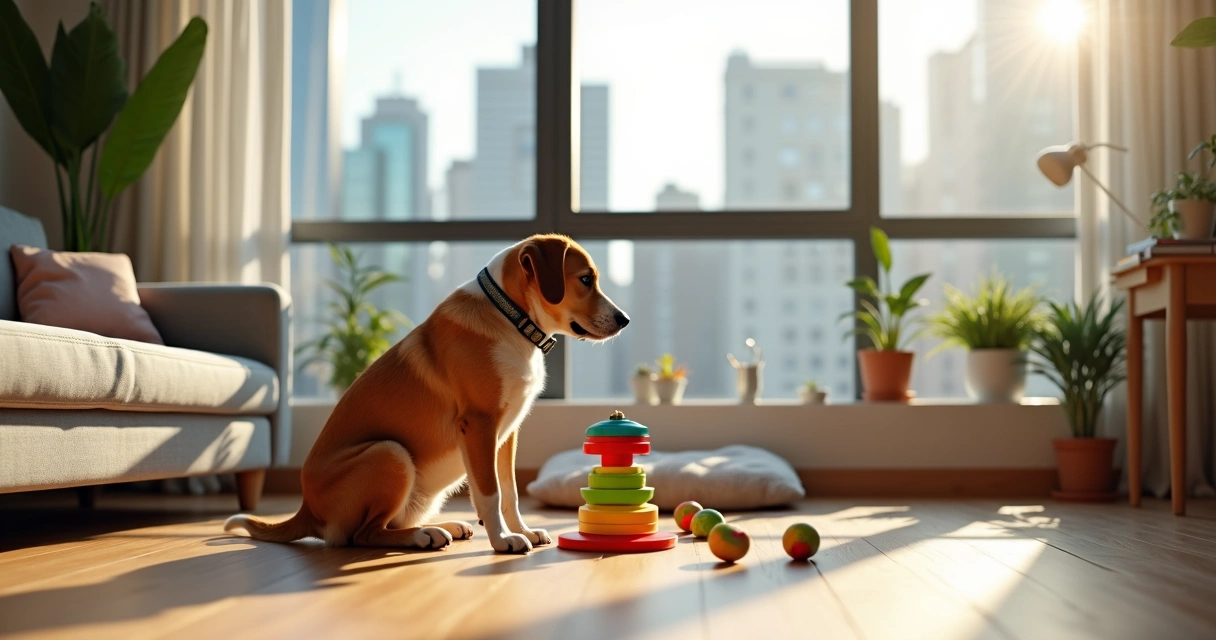 Cão brincando com brinquedo interativo em apartamento urbano iluminado 