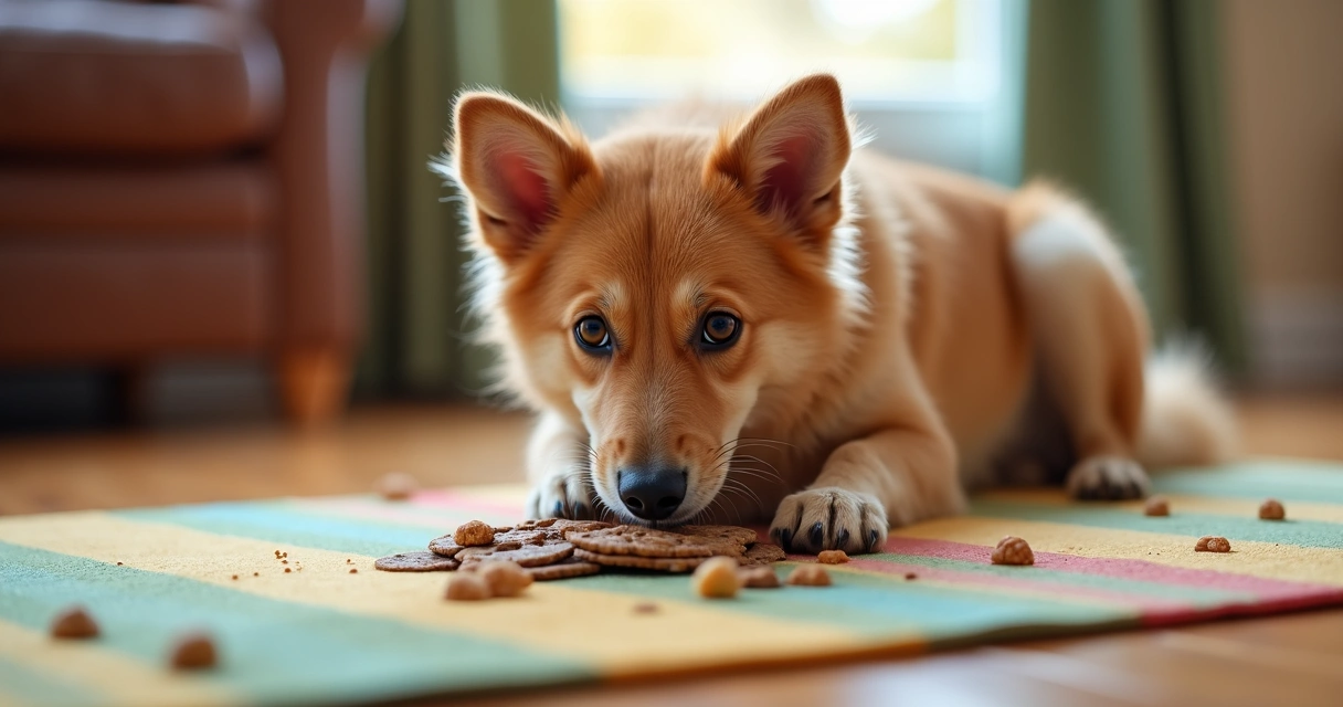 Cão castanho claro a resolver puzzle de comida num tapete colorido 