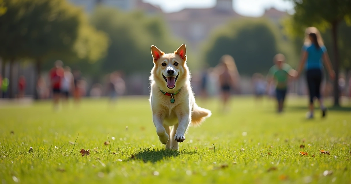 Cão brinca feliz no relvado do Parque da Cidade do Porto 