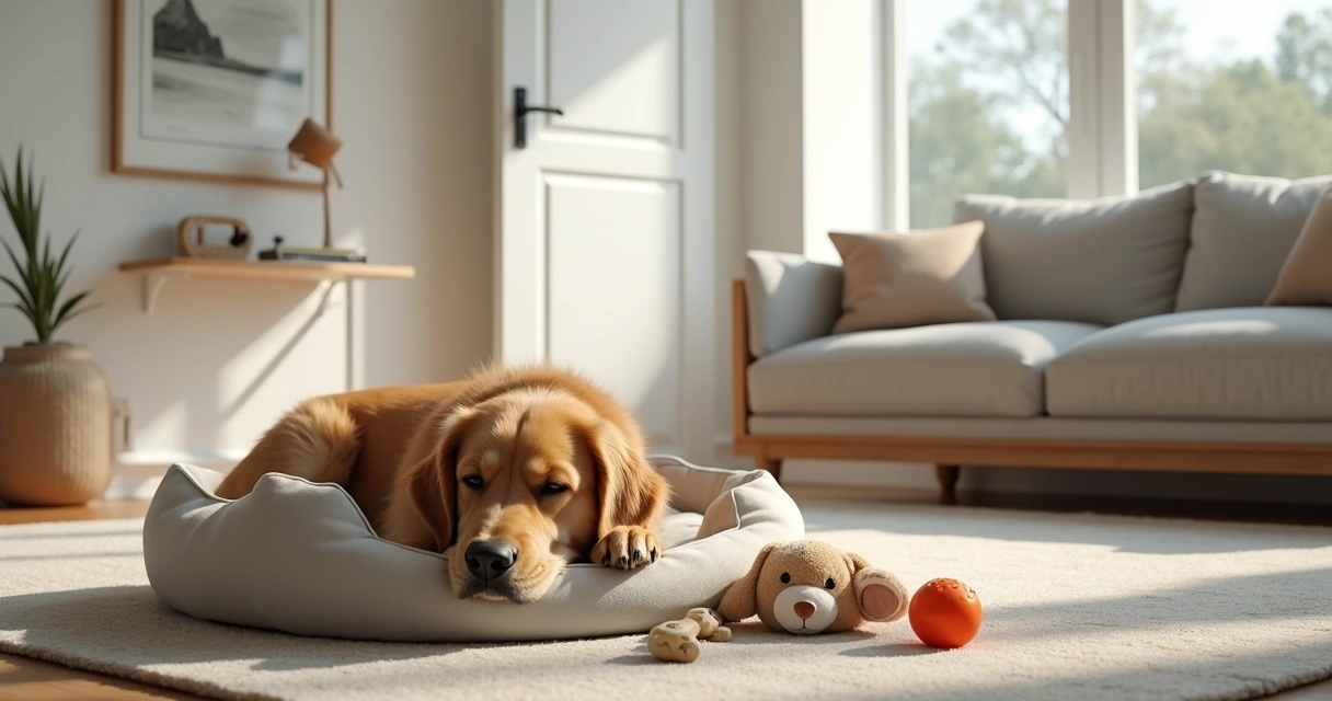 Cachorro relaxado deitado em cama de cachorro em sala de estar vazia 