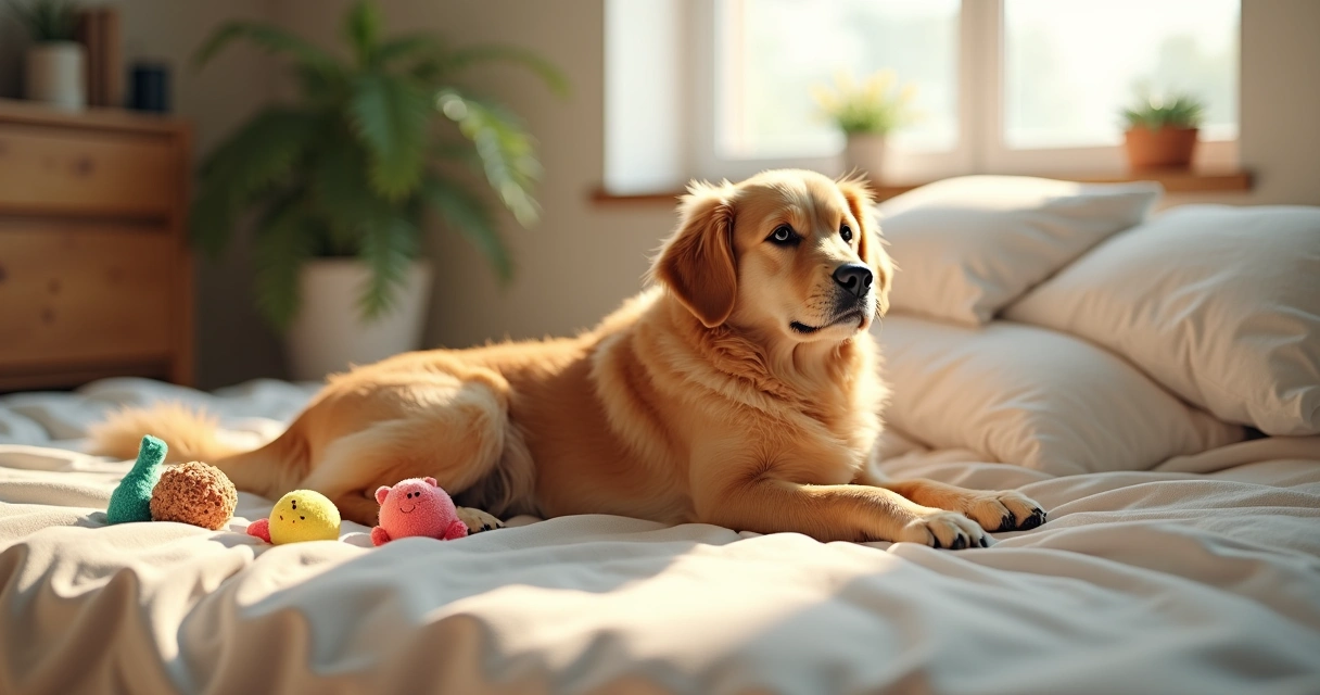 Cão deitado numa cama familiar, relaxado num ambiente acolhedor, rodeado de brinquedos