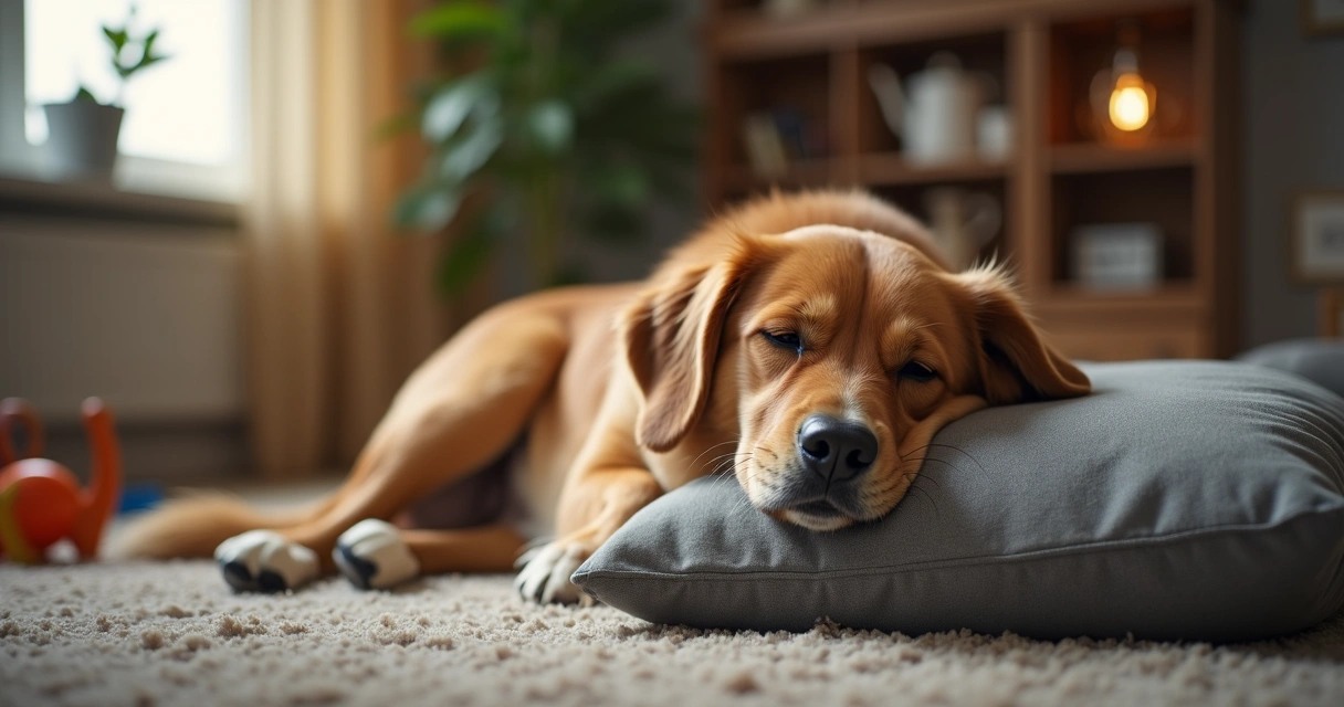 Cão cansado e relaxado a descansar em casa após um dia de brincadeira 