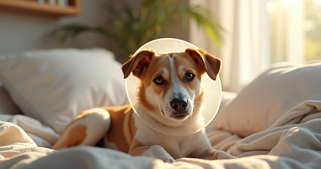 Cão usando colar cirúrgico descansando em ambiente doméstico